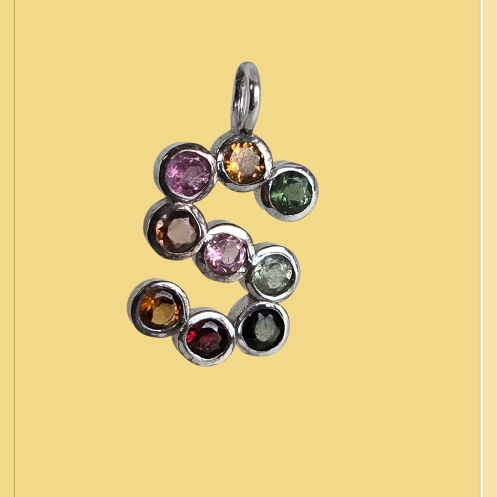 925 Sterling Silver letter "S" Pendant with Natural Tourmaline Gem